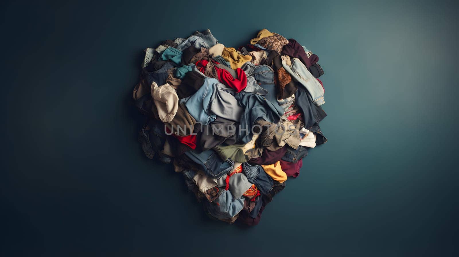 used clothes folded to form a heart on grey background. Neural network generated in May 2023. Not based on any actual person, scene or pattern.