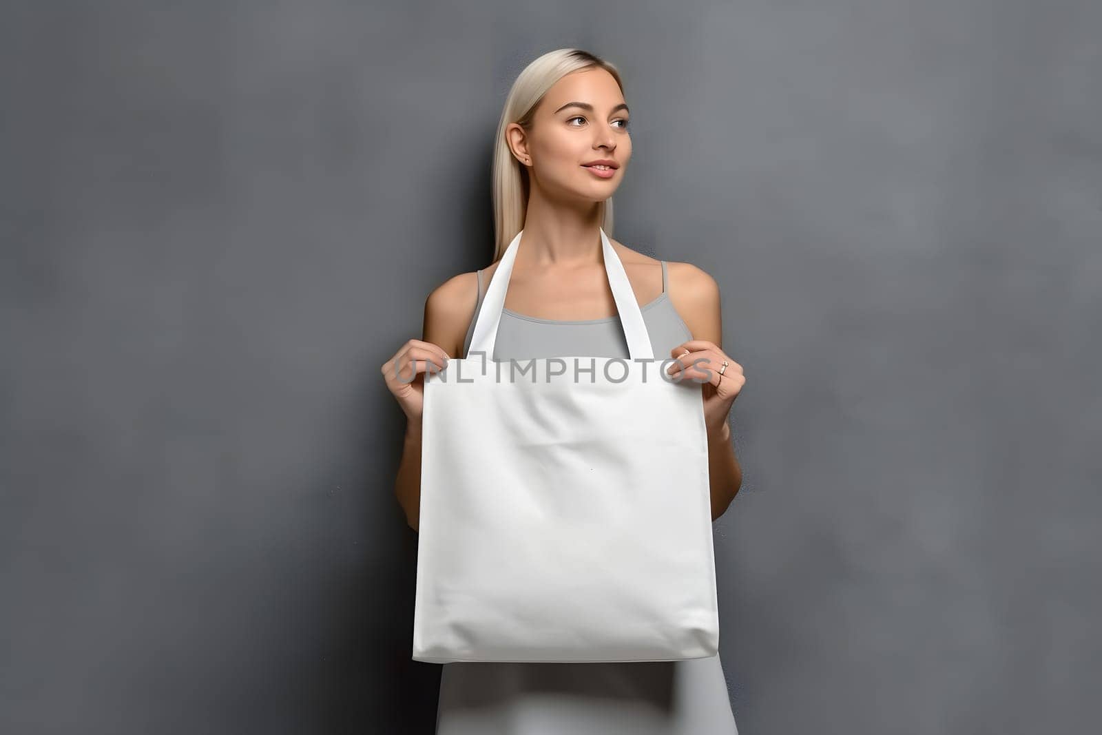 caucasian woman holding blank white tote bag made of canvas fabric with handle on her neck, mock up design, neural network generated photorealistic image by z1b