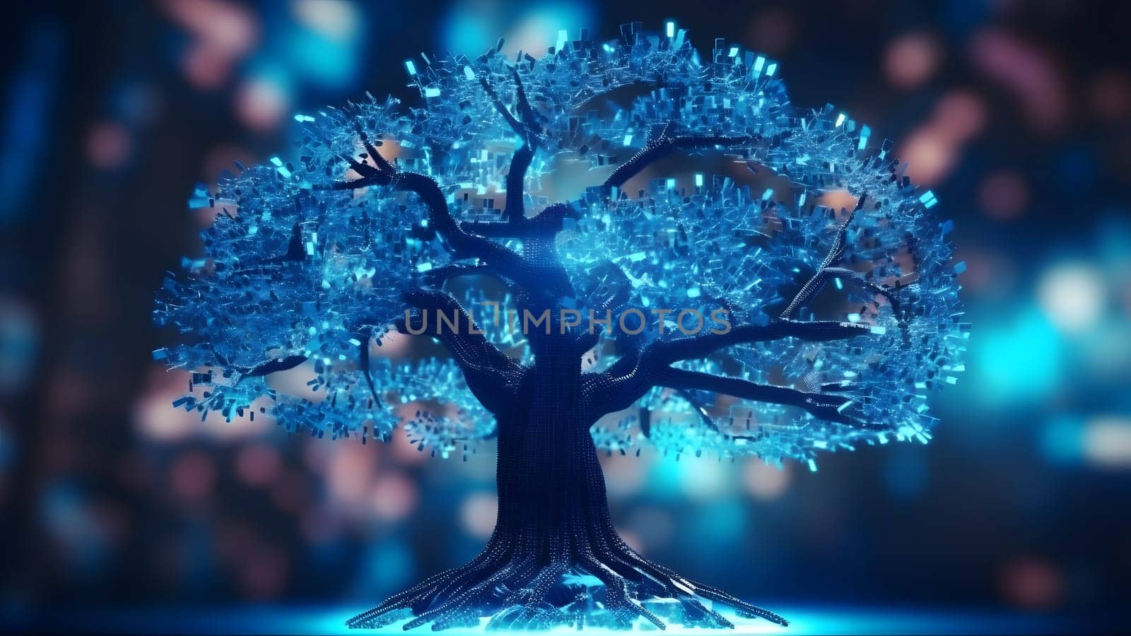 concept of network connection technology or big data as blue cyber tree. Neural network generated in May 2023. Not based on any actual person, scene or pattern.