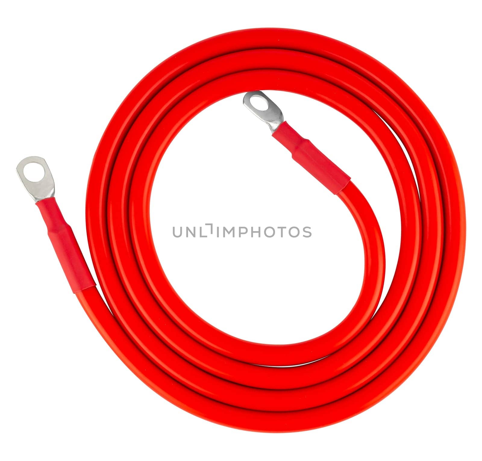 electrical cable with metal contacts, insulated on white background