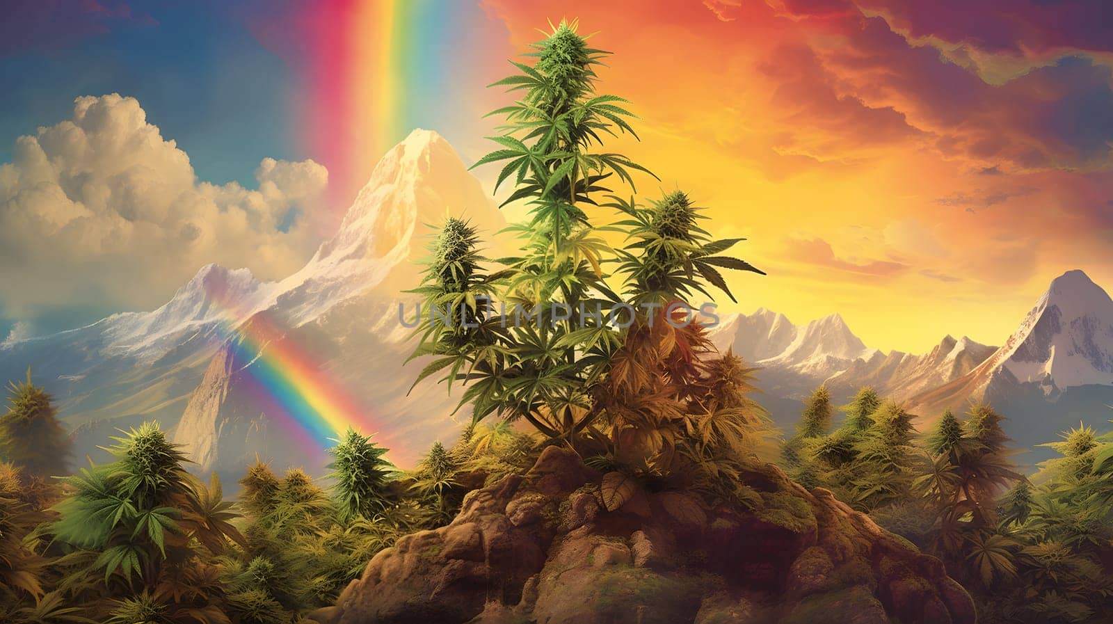 a marijuana plants with a rainbow in the sky behind it. Neural network generated in May 2023. Not based on any actual person, scene or pattern.