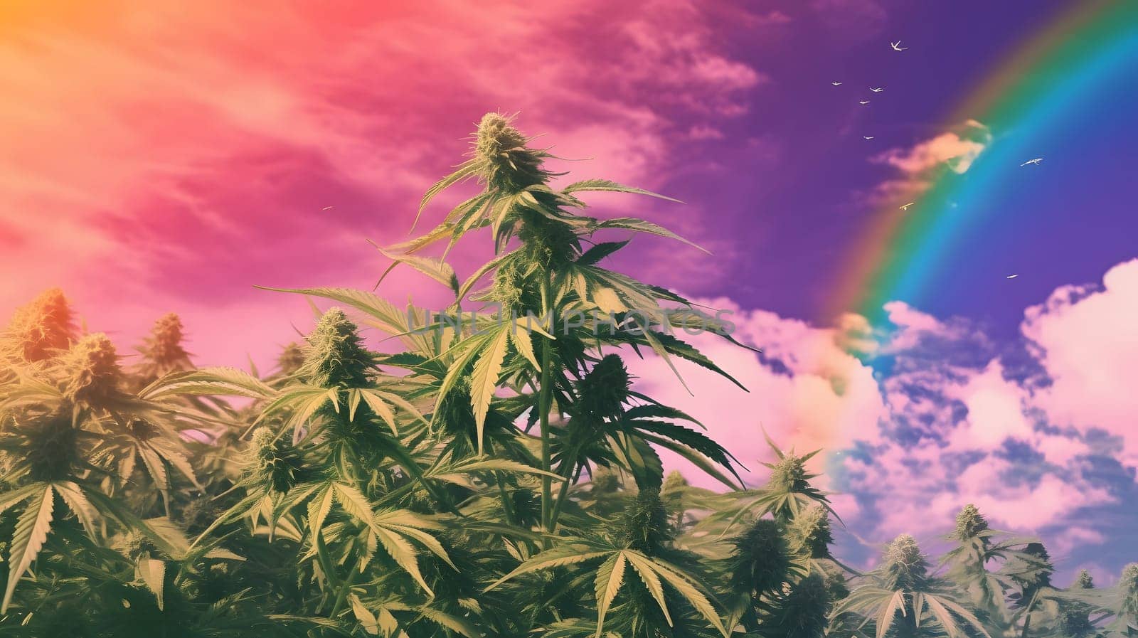 a marijuana plants with a rainbow in the sky behind it. Neural network generated in May 2023. Not based on any actual person, scene or pattern.