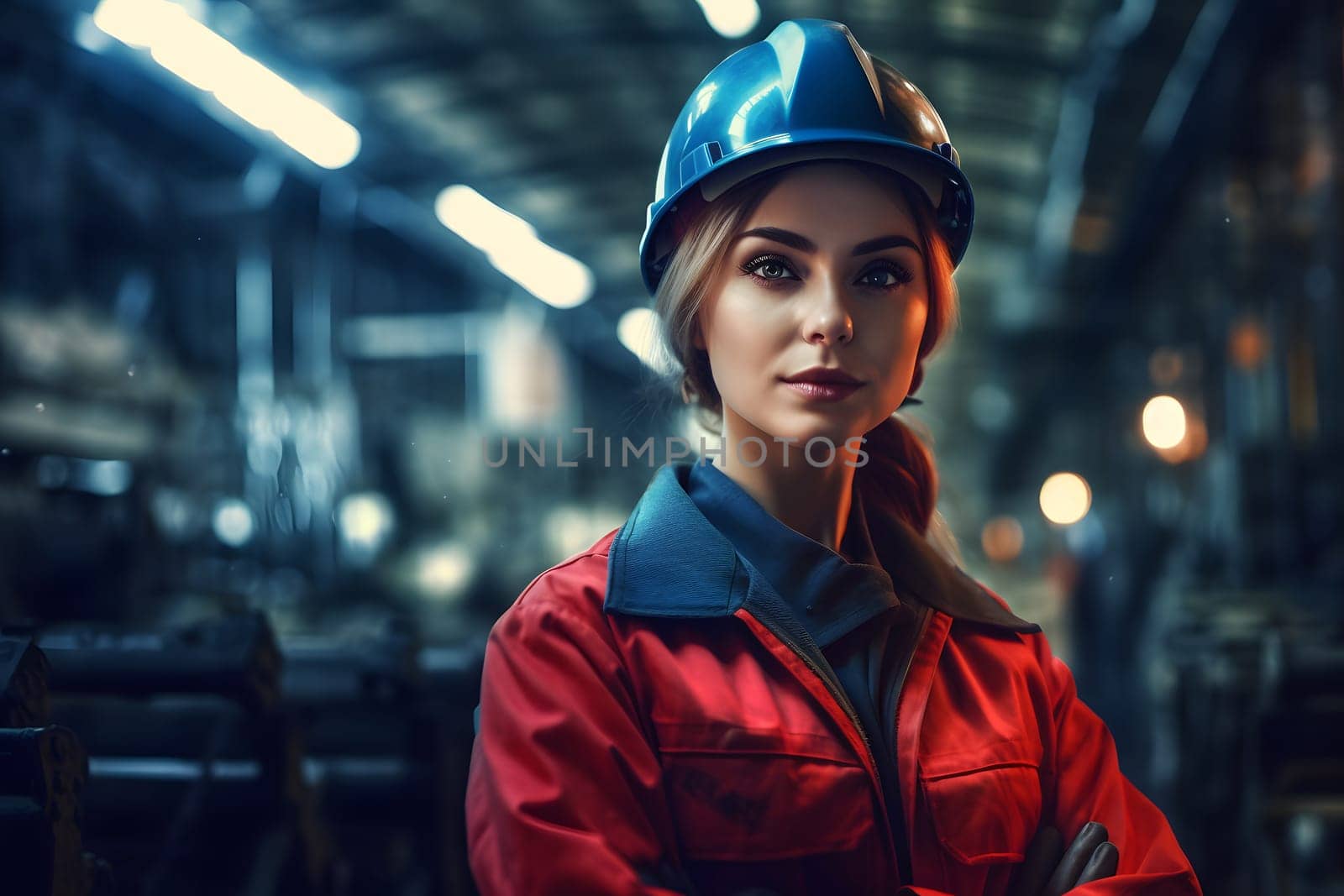 caucasian woman in blue hard hat posing with her arms crossed in an industrial warehouse. Neural network generated in May 2023. Not based on any actual person, scene or pattern.