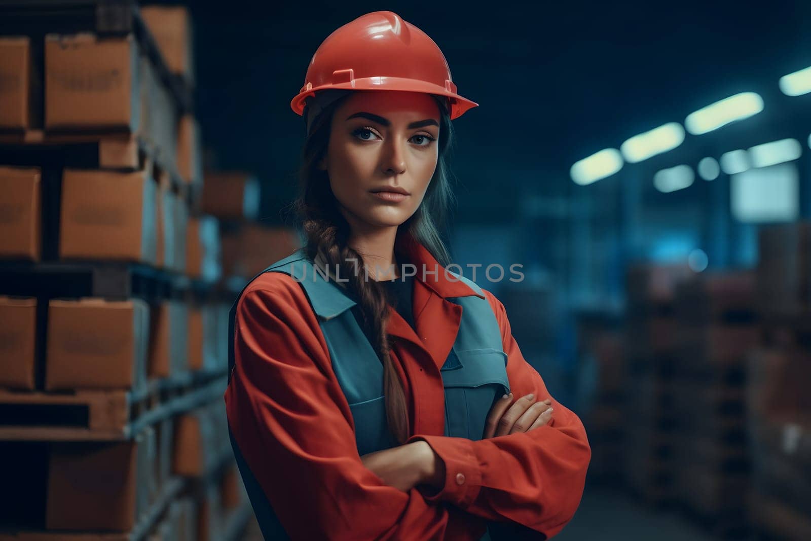 caucasian woman in orange hard hat posing with her arms crossed in an industrial warehouse. Neural network generated in May 2023. Not based on any actual person, scene or pattern.