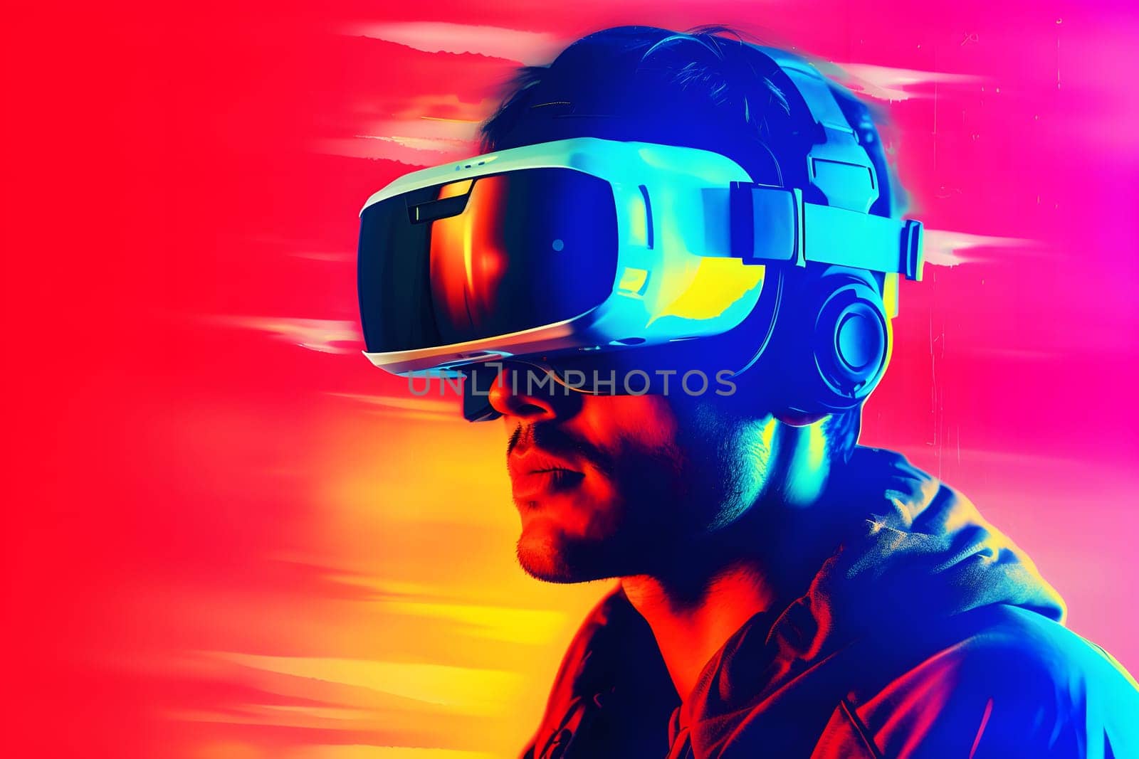 Man is using virtual reality headset, head and shoulders portrait on colorful background. Neural network generated in May 2023. Not based on any actual person, scene or pattern.