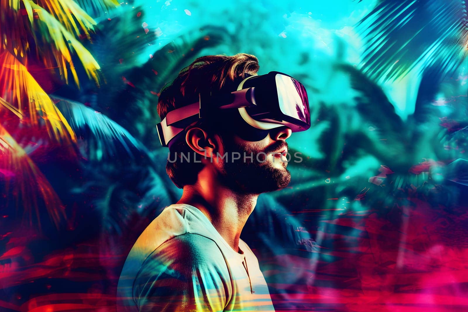 Man is using virtual reality headset, head and shoulders portrait on colorful background. Neural network generated in May 2023. Not based on any actual person, scene or pattern.