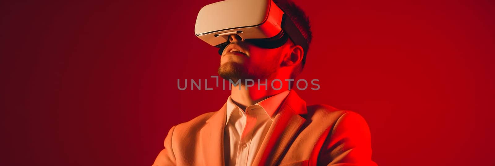 Man is using virtual reality headset, head and shoulders portrait on brown background. Neural network generated in May 2023. Not based on any actual person, scene or pattern.