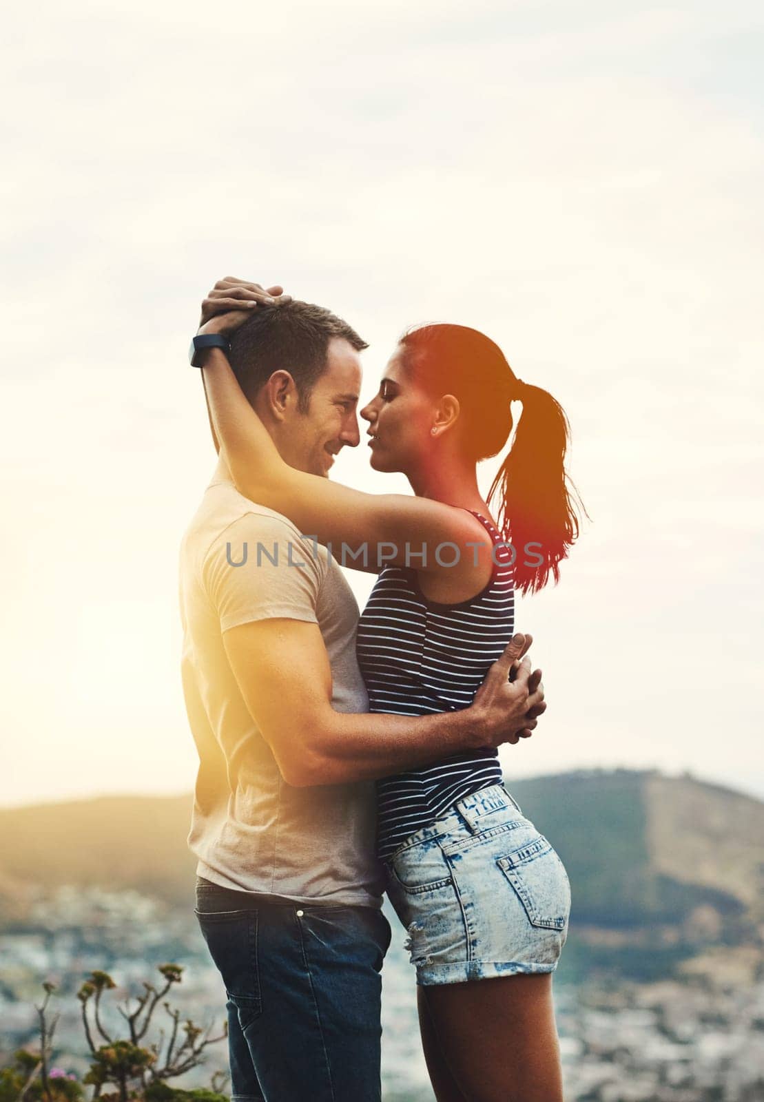 Love, mockup or happy couple hug on outdoor date for trust with support, bond or care. Romantic man, space or woman on holiday vacation together to celebrate, relax or travel in summer or USA.
