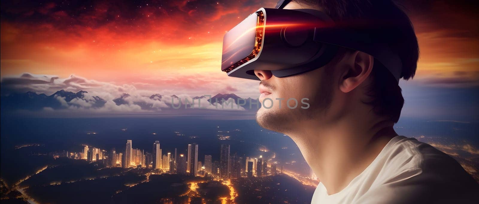 Man is using virtual reality headset, head and shoulders portrait on aerial cityscape background. Neural network generated in May 2023. Not based on any actual person, scene or pattern.