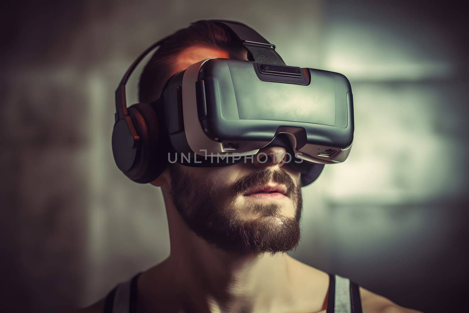 Man is using virtual reality headset, head and shoulders portrait on blurry gray concrete wall background. Neural network generated in May 2023. Not based on any actual person, scene or pattern.