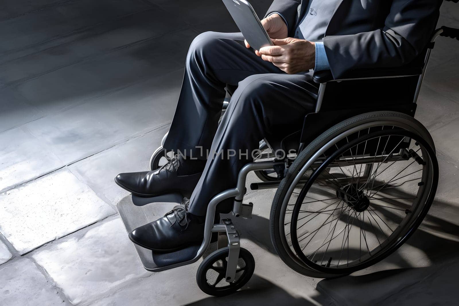 formal wear person in a wheelchair holding a tablet pc. Neural network generated in May 2023. Not based on any actual person, scene or pattern.