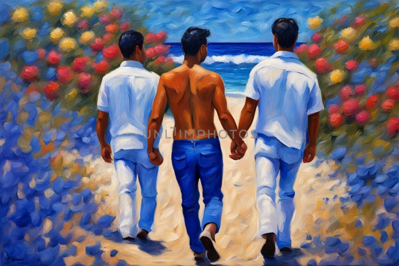 three fluid people walk by hand ,the beach, romantic, open mixed race gender love relationship paint by verbano