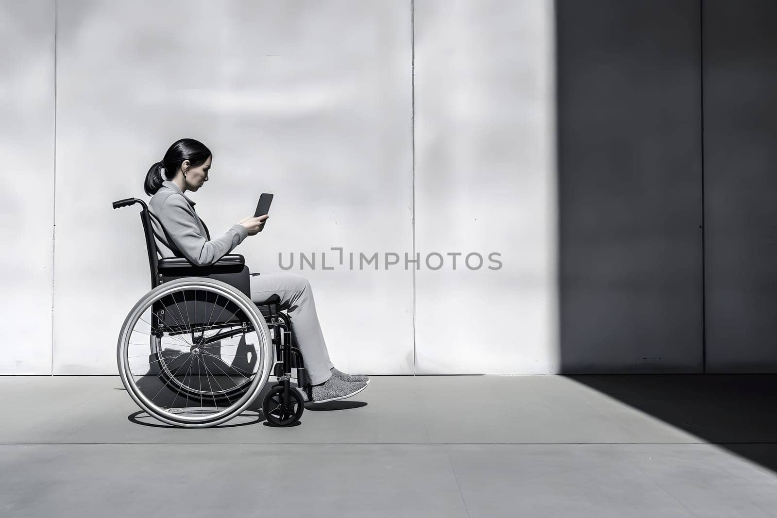adult woman in a wheelchair using smartphone on gray concrete background. Neural network generated in May 2023. Not based on any actual person, scene or pattern.