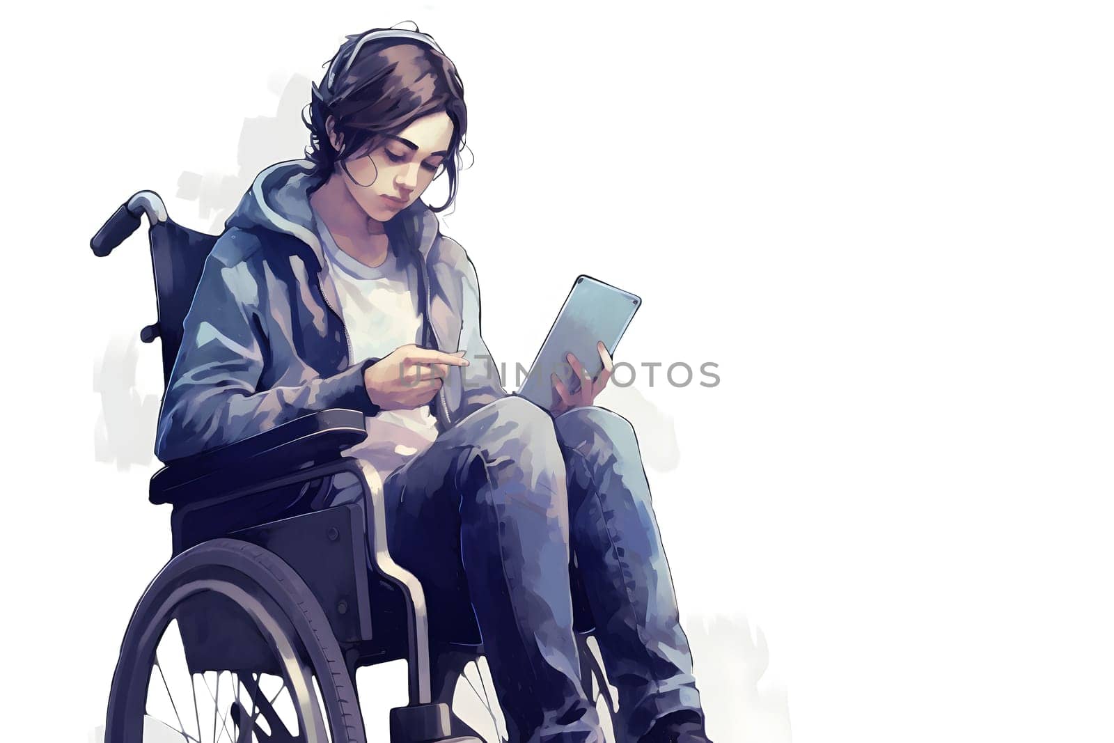 young adult woman in a wheelchair using smartphone on white background. Neural network generated in May 2023. Not based on any actual person, scene or pattern.