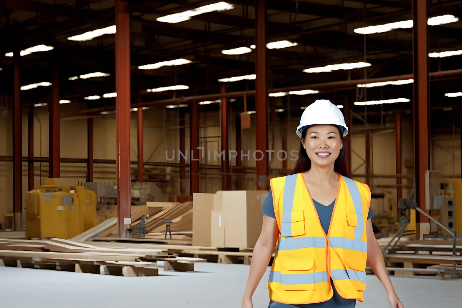 smiling asian female worker standing in a warehouse. Neural network generated in May 2023. Not based on any actual person, scene or pattern.
