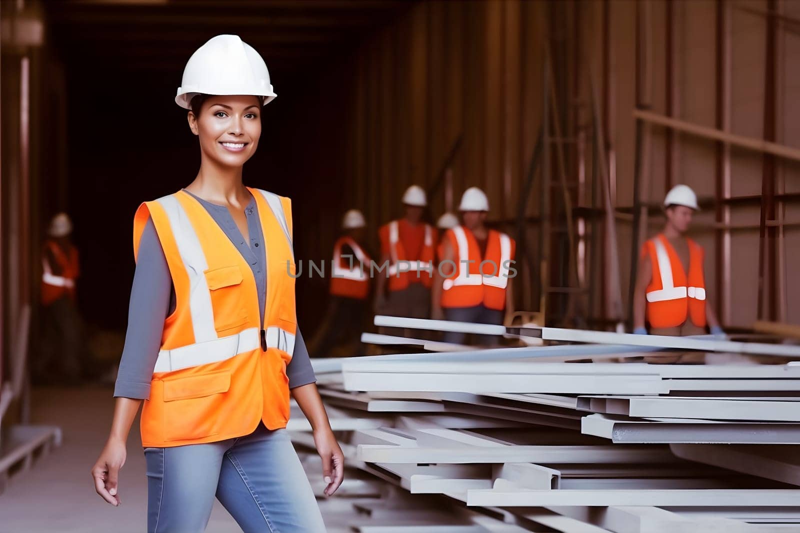 smiling mixed race female worker standing in a warehouse. Neural network generated in May 2023. Not based on any actual person, scene or pattern.