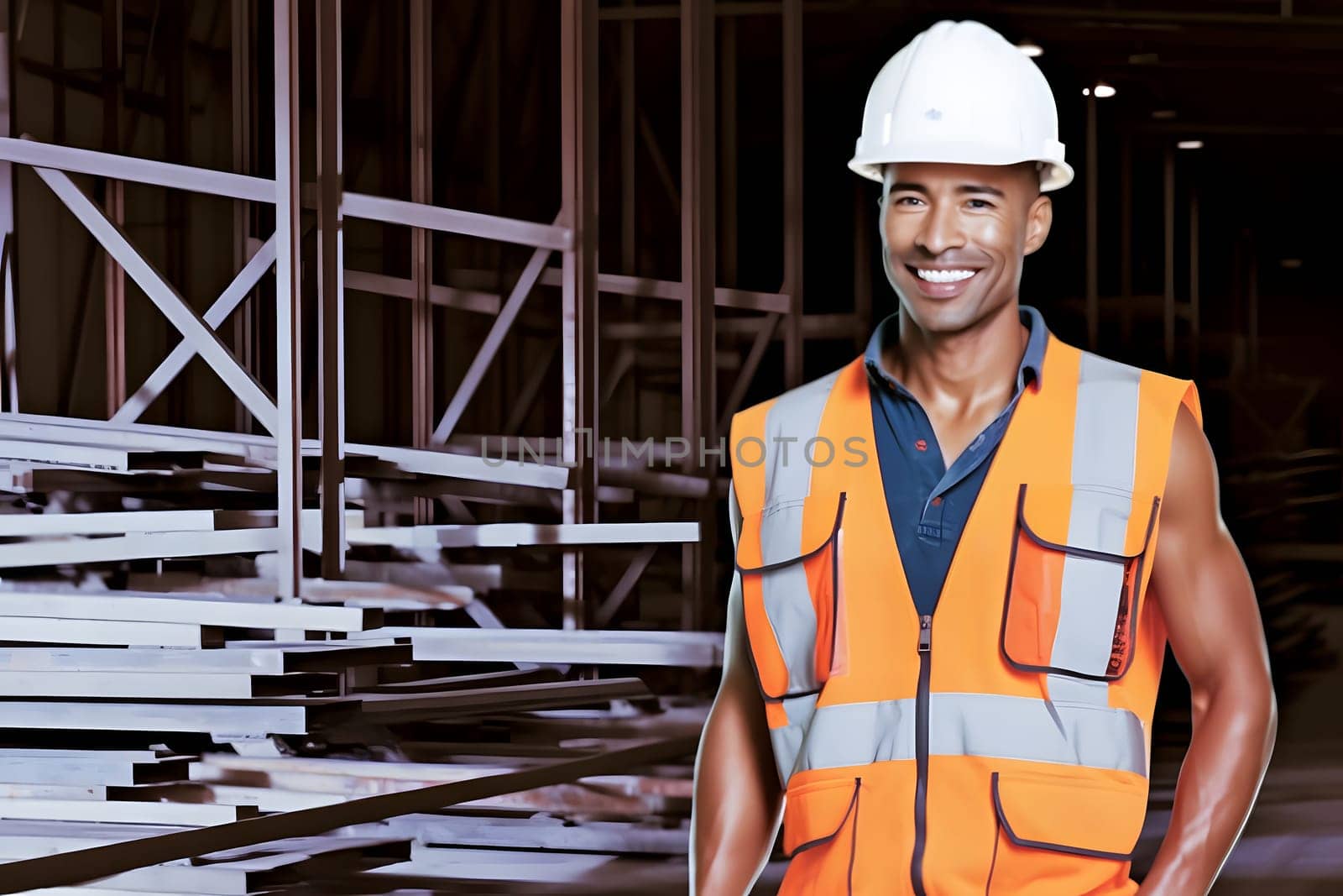 smiling mixed race male worker with hard hat standing in a warehouse. Neural network generated in May 2023. Not based on any actual person, scene or pattern.