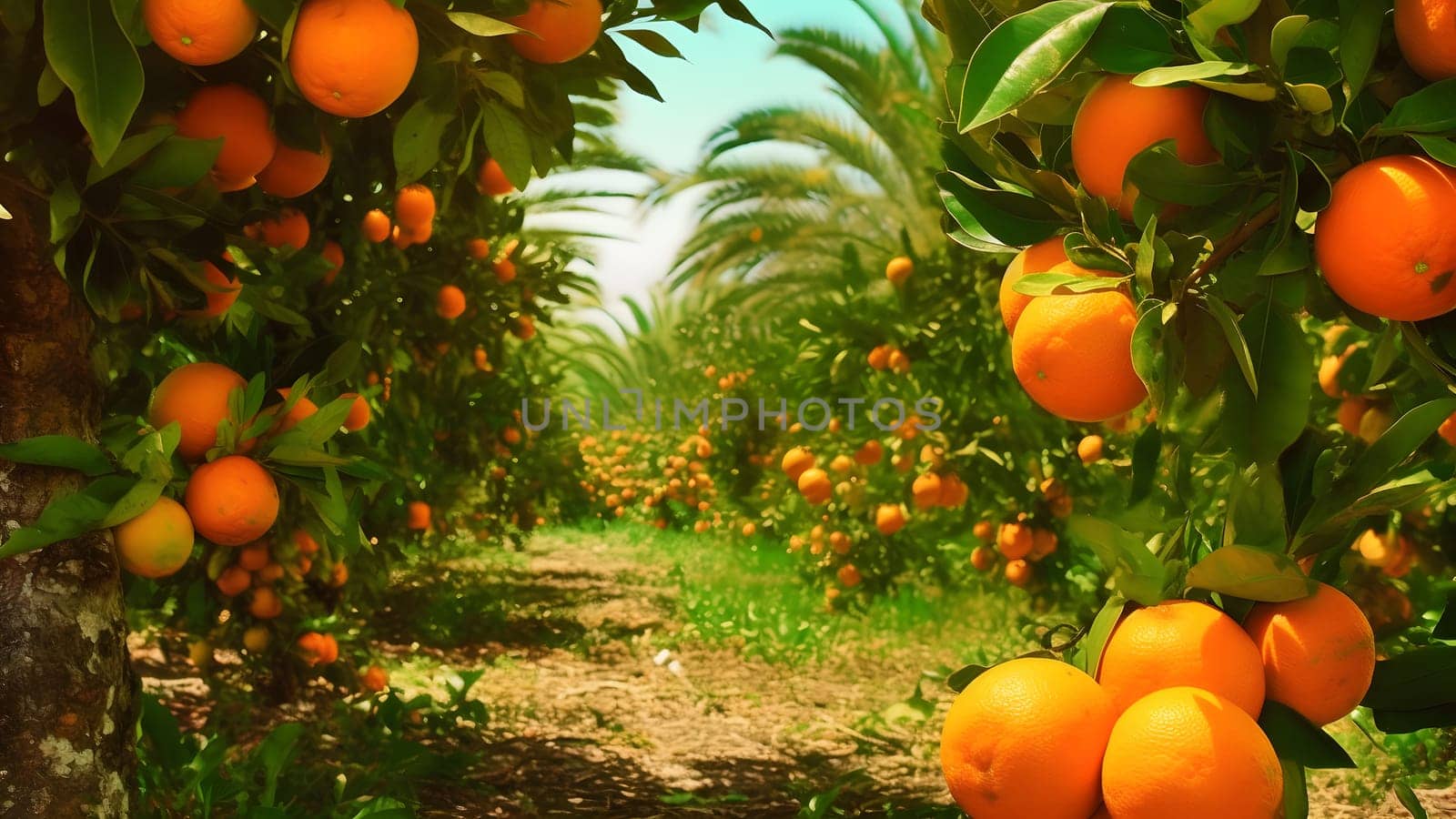 Oranges Ripening at Agriculture Farm at sunny summer day, neural network generated photorealistic image by z1b