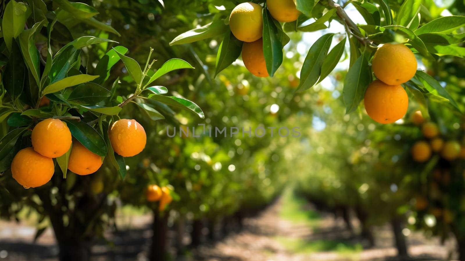 Oranges Ripening at Agriculture Farm at sunny summer day, neural network generated photorealistic image by z1b