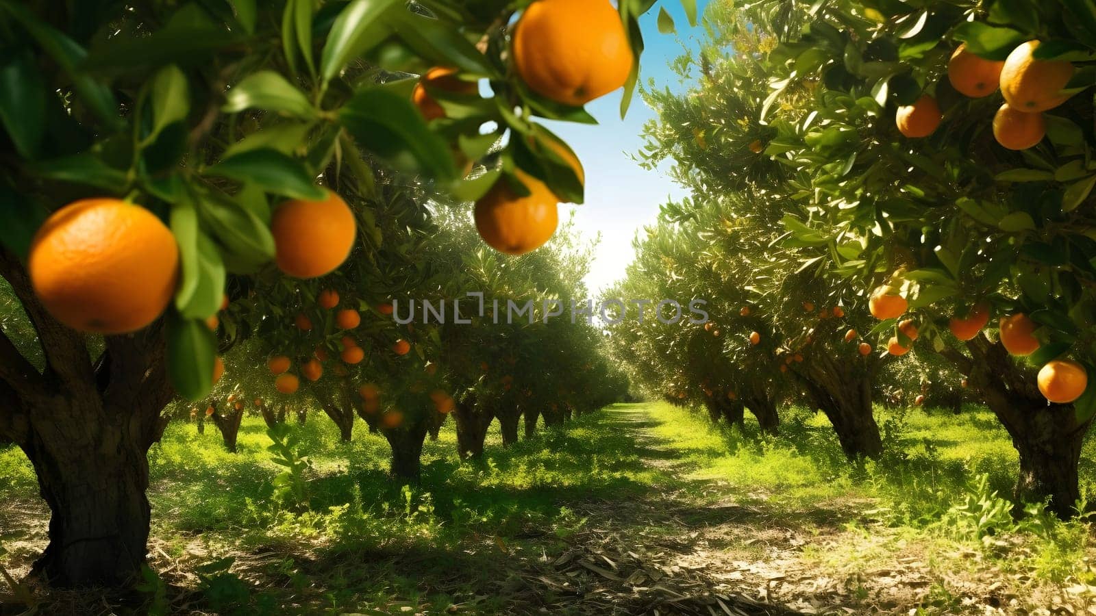 Oranges Ripening at Agriculture Farm at sunny summer day. Neural network generated in May 2023. Not based on any actual person, scene or pattern.