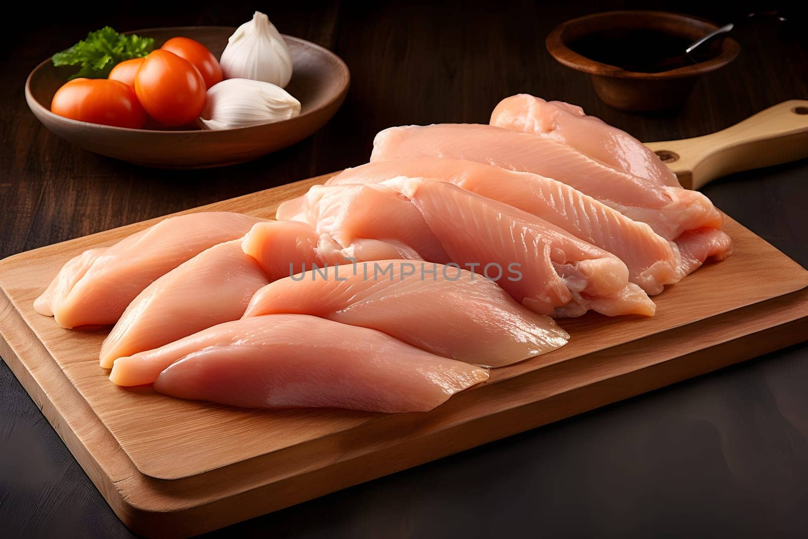 raw unprocessed cut chicken breasts on wooden board, neural network generated photorealistic image by z1b