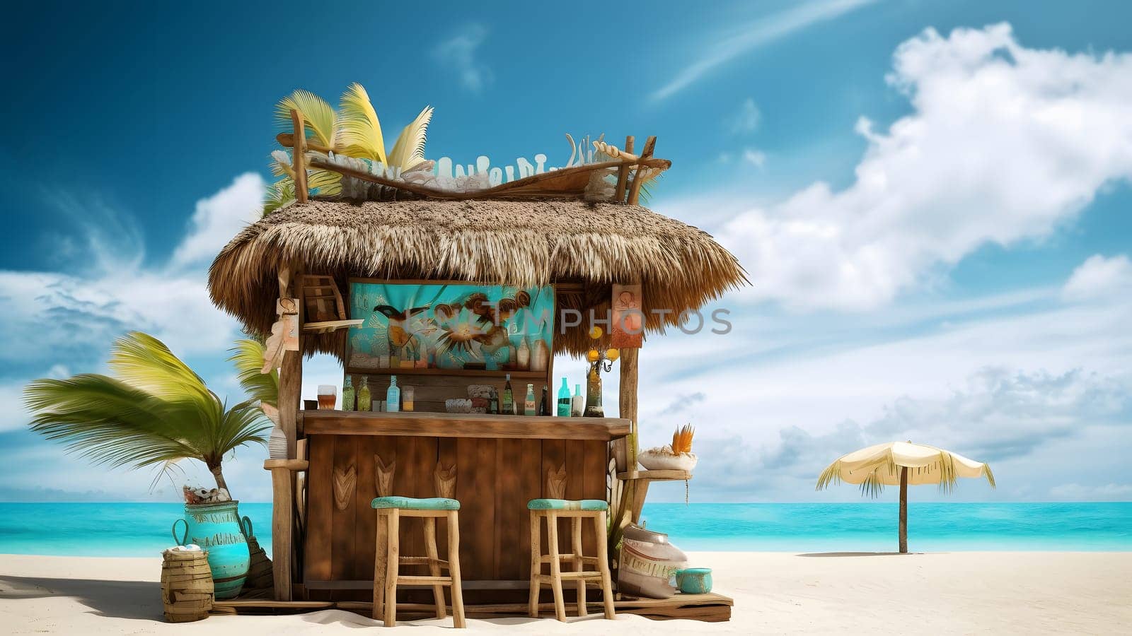 tiki bar on the beach with a palm tree and a blue sky with clouds in the background, neural network generated image by z1b