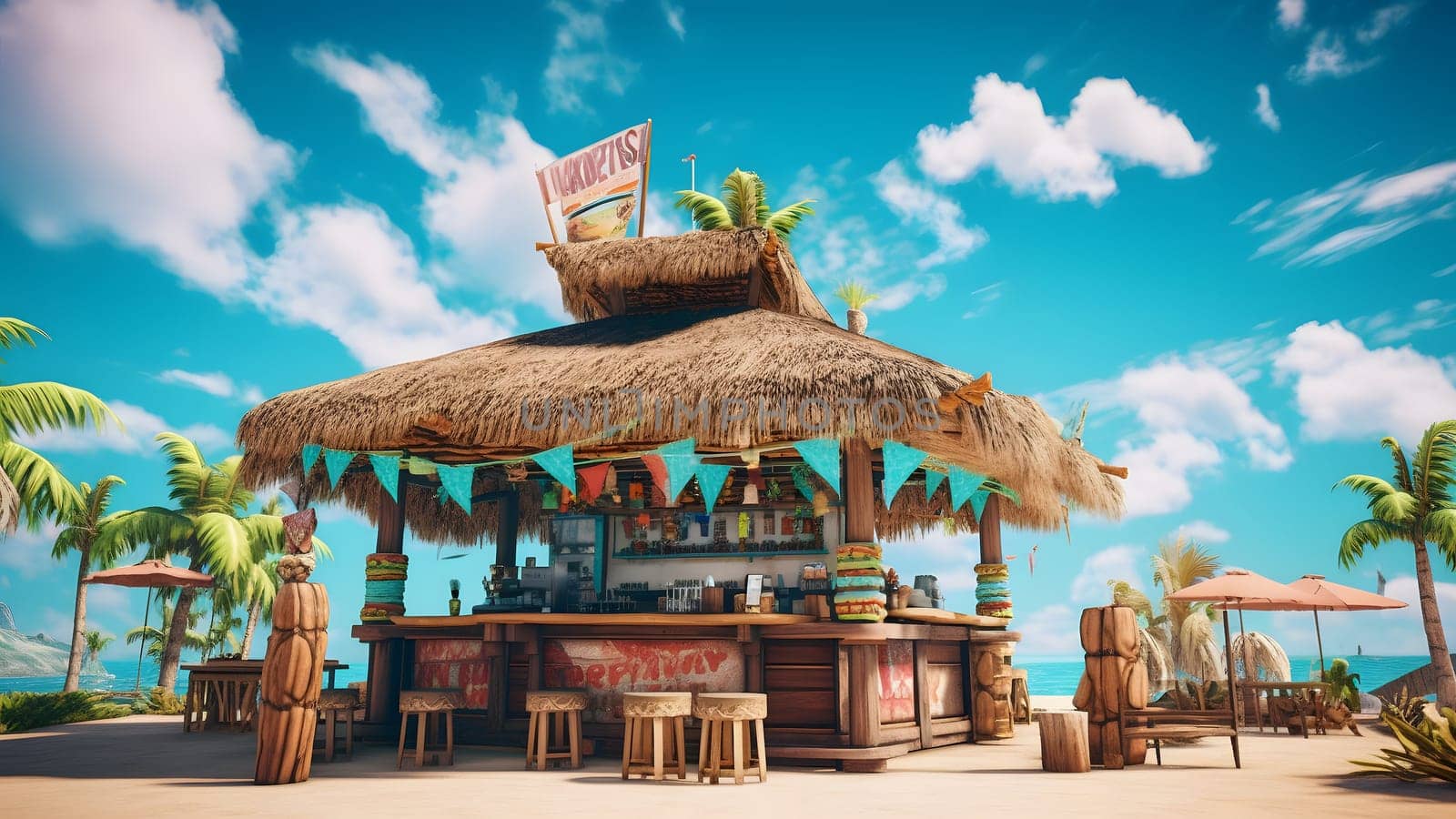 tiki bar on the beach with a palm tree and a blue sky with clouds in the background. Neural network generated in May 2023. Not based on any actual person, scene or pattern.