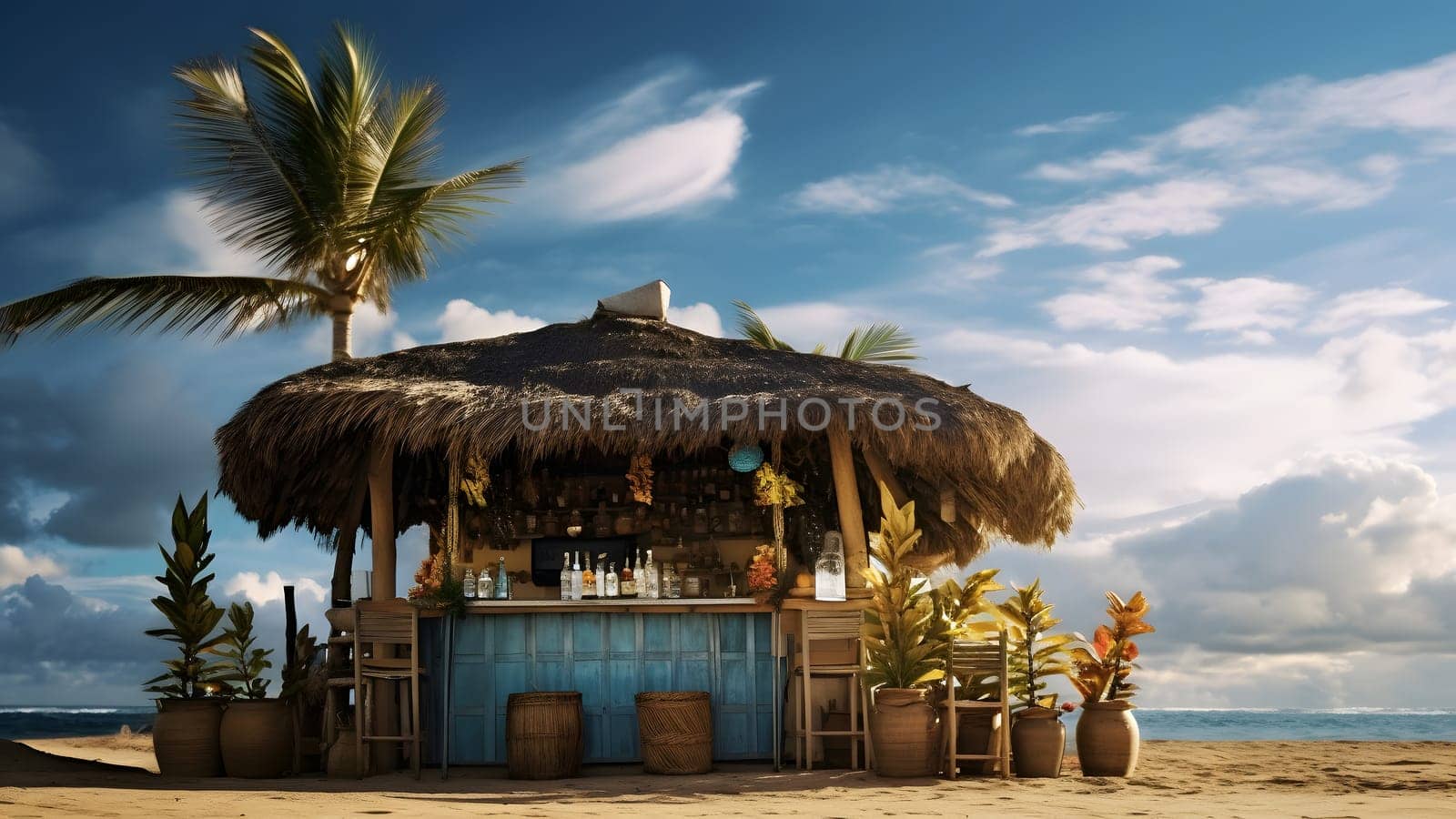 tiki bar on the beach with a palm tree and a blue sky with clouds in the background, neural network generated image by z1b