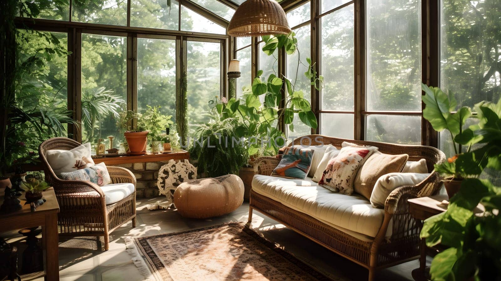 A charming sunroom with wicker furniture, tropical plants, and a view of the garden, botanical deco. Neural network generated in May 2023. Not based on any actual scene or pattern.