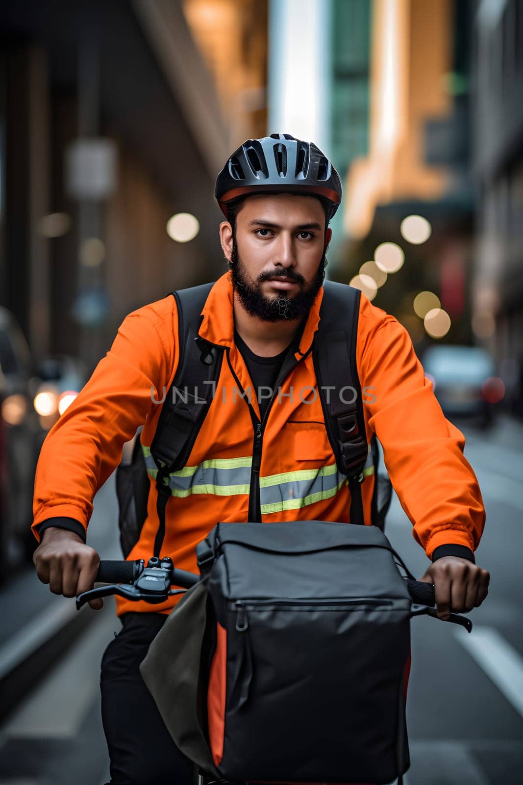A food delivery man riding a bike, wearing a bright orange delivery uniform in the busy city streets at day time. Neural network generated in May 2023. Not based on any actual person or scene.
