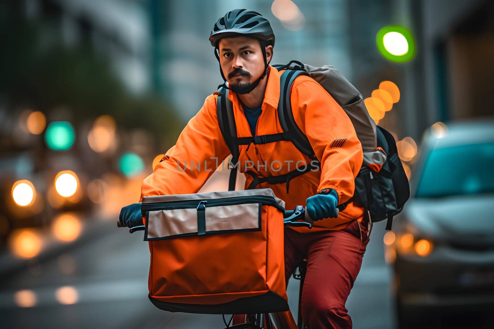 A food delivery man riding a bike, wearing a bright orange delivery uniform in the busy city streets. Neural network generated in May 2023. Not based on any actual person or scene.