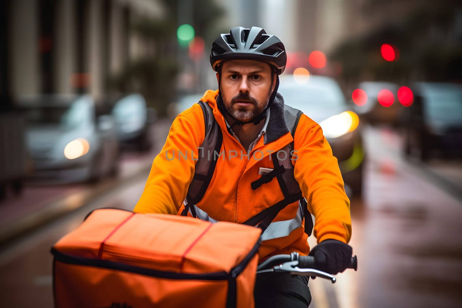 A food delivery man riding a bike, wearing a bright orange delivery uniform in the busy city streets at day time. Neural network generated in May 2023. Not based on any actual person or scene.