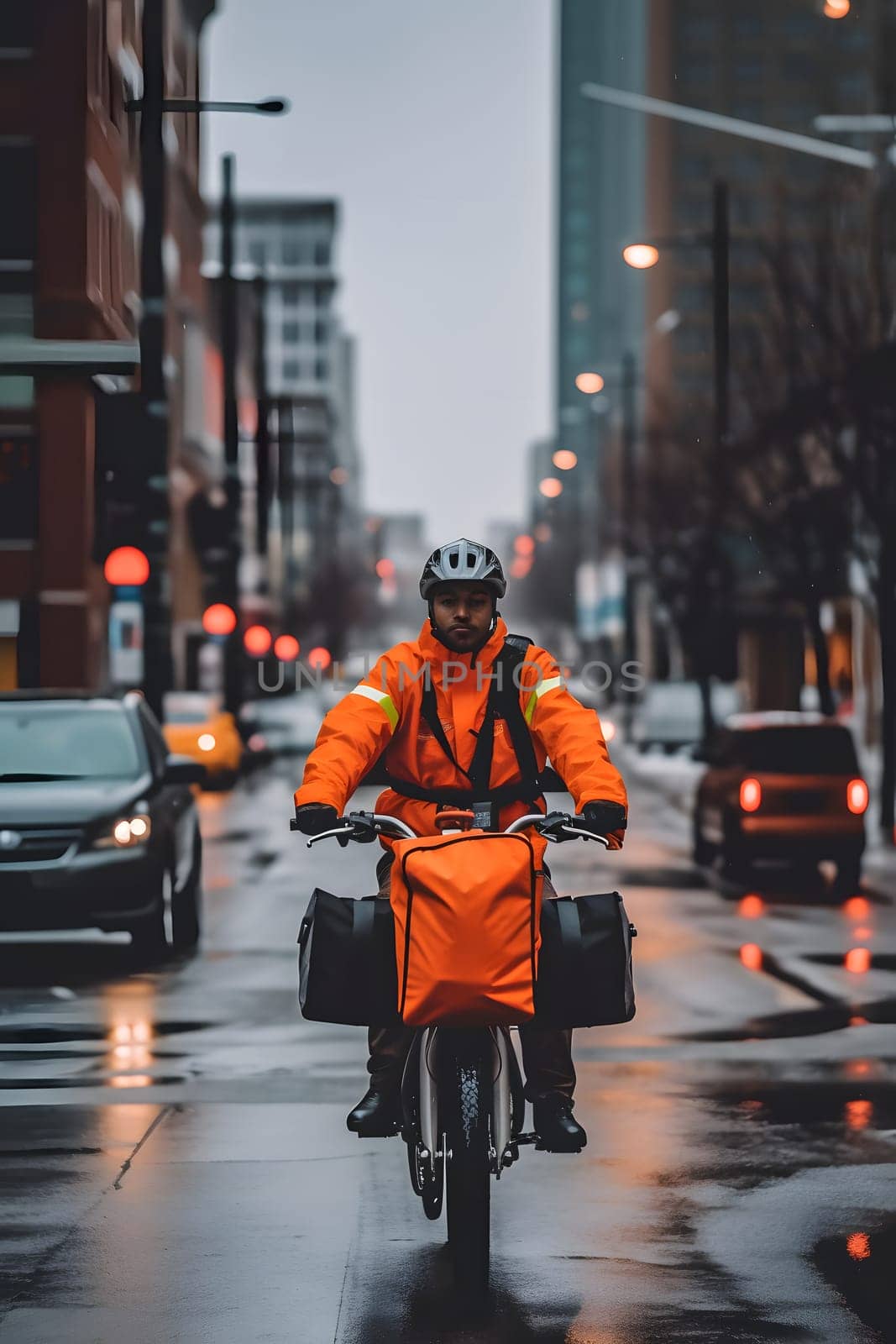 A food delivery man riding a bike, wearing a bright orange delivery uniform in the busy city streets at day time. Neural network generated in May 2023. Not based on any actual person or scene.
