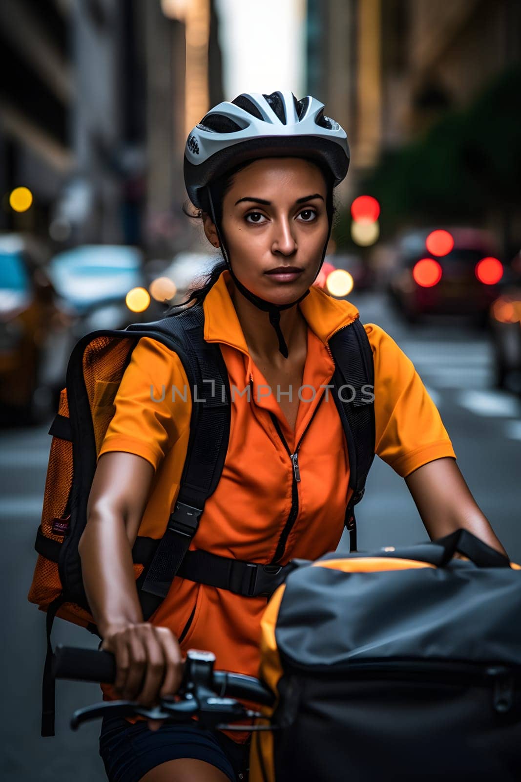 A food delivery woman riding a bike, wearing a bright orange delivery uniform in the busy city streets at day time. Neural network generated in May 2023. Not based on any actual person or scene.