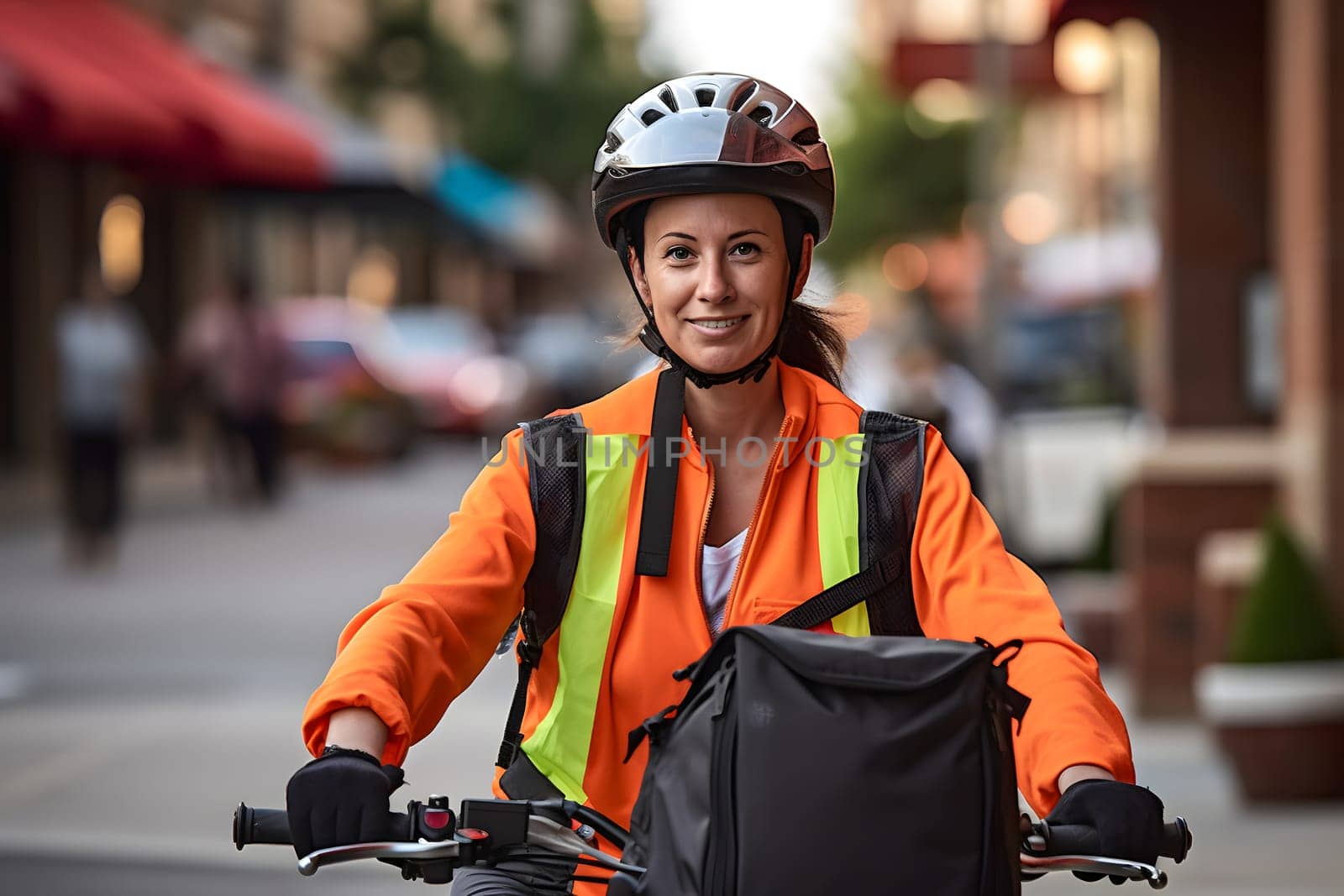 A food delivery woman riding a bike, wearing a bright orange delivery uniform in the busy city streets at day time. Neural network generated in May 2023. Not based on any actual person or scene.