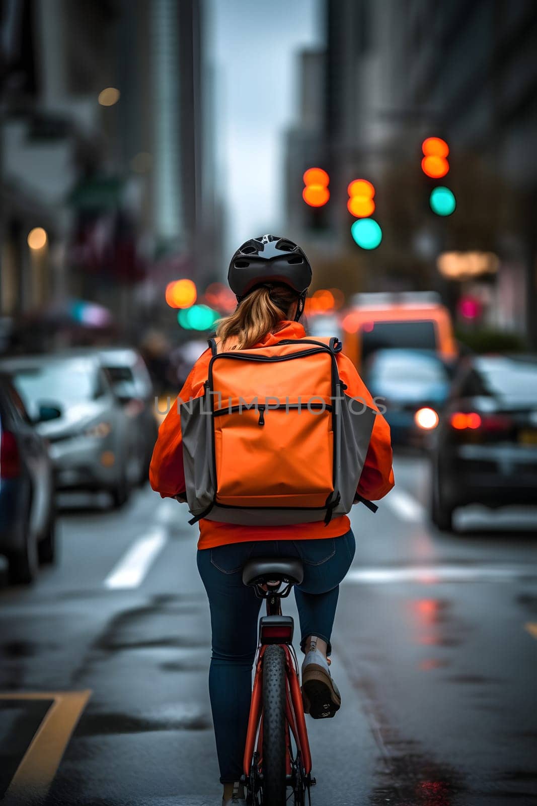 A food delivery woman riding a bike, wearing a bright orange delivery uniform in the busy city streets at day time. Neural network generated in May 2023. Not based on any actual person or scene.