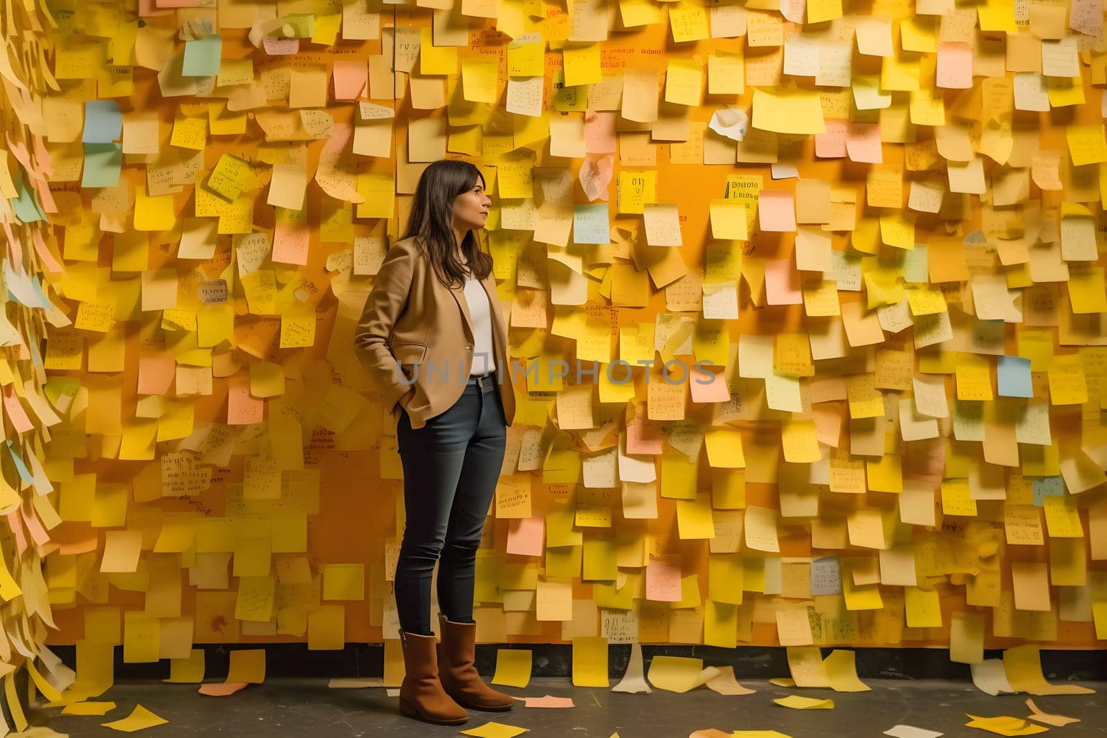 A woman standing in front of a wall full of sticky notes. Neural network generated in May 2023. Not based on any actual person, scene or pattern.