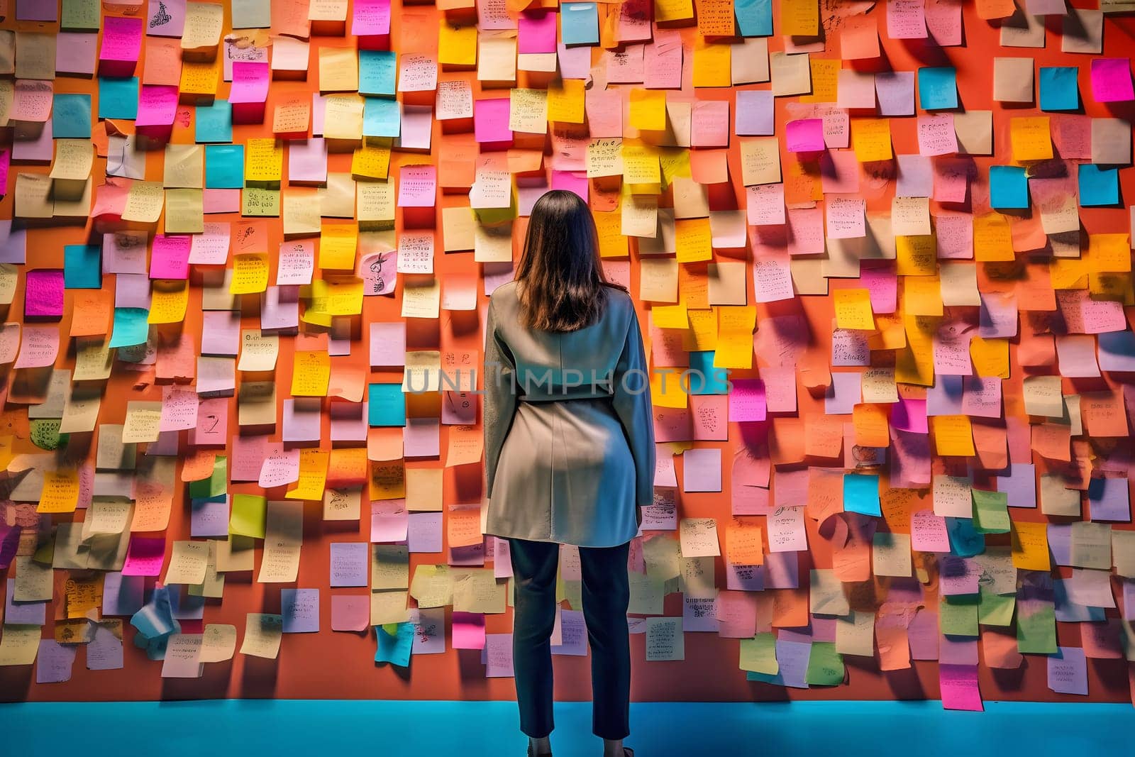 A woman standing in front of a wall full of sticky notes. Neural network generated in May 2023. Not based on any actual person, scene or pattern.