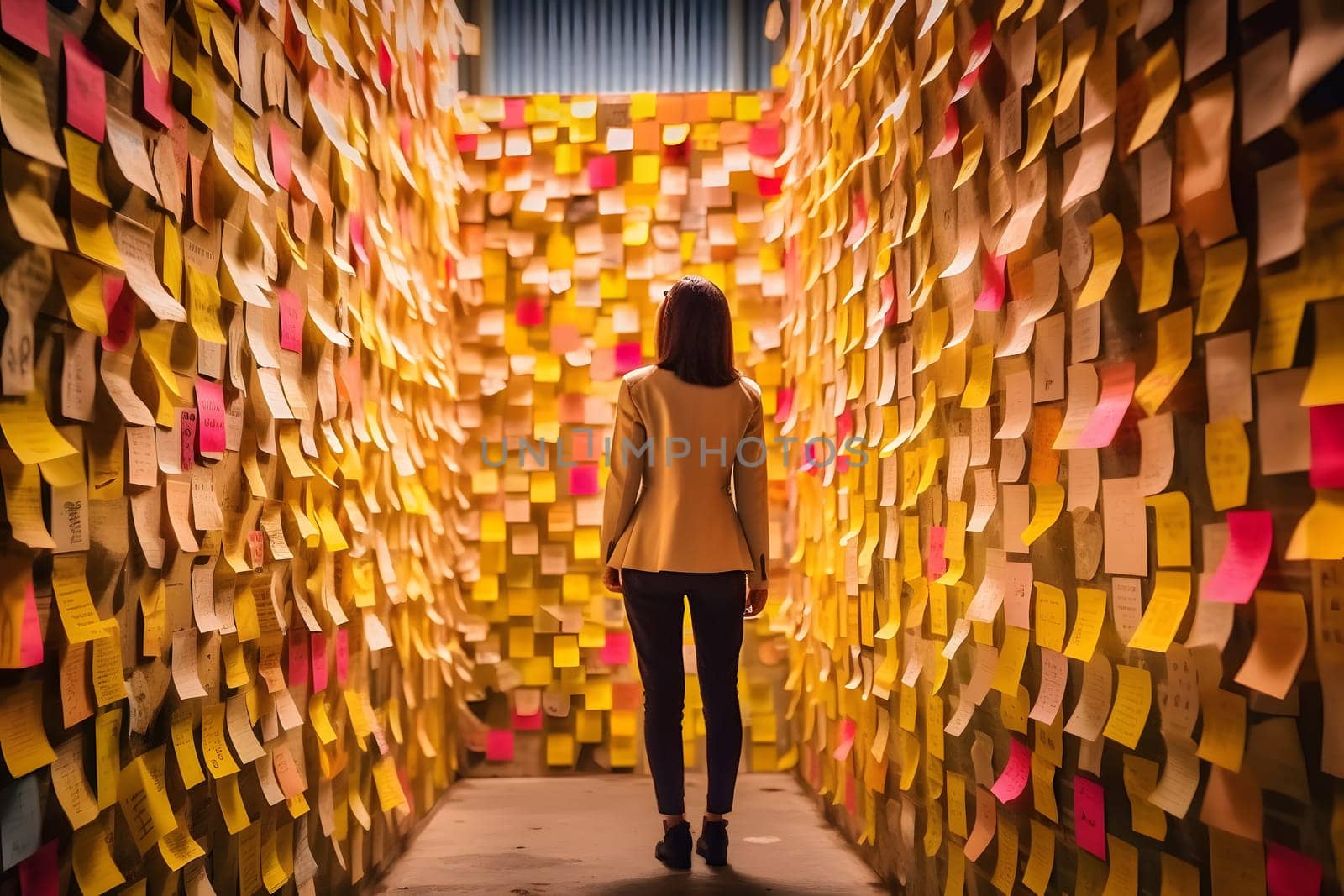 A woman standing in front of a wall full of sticky notes. Neural network generated in May 2023. Not based on any actual person, scene or pattern.