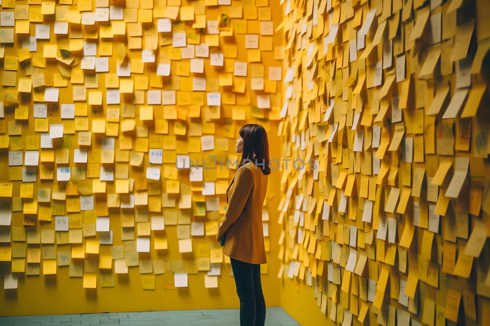 A woman standing in front of a wall full of sticky notes. Neural network generated in May 2023. Not based on any actual person, scene or pattern.