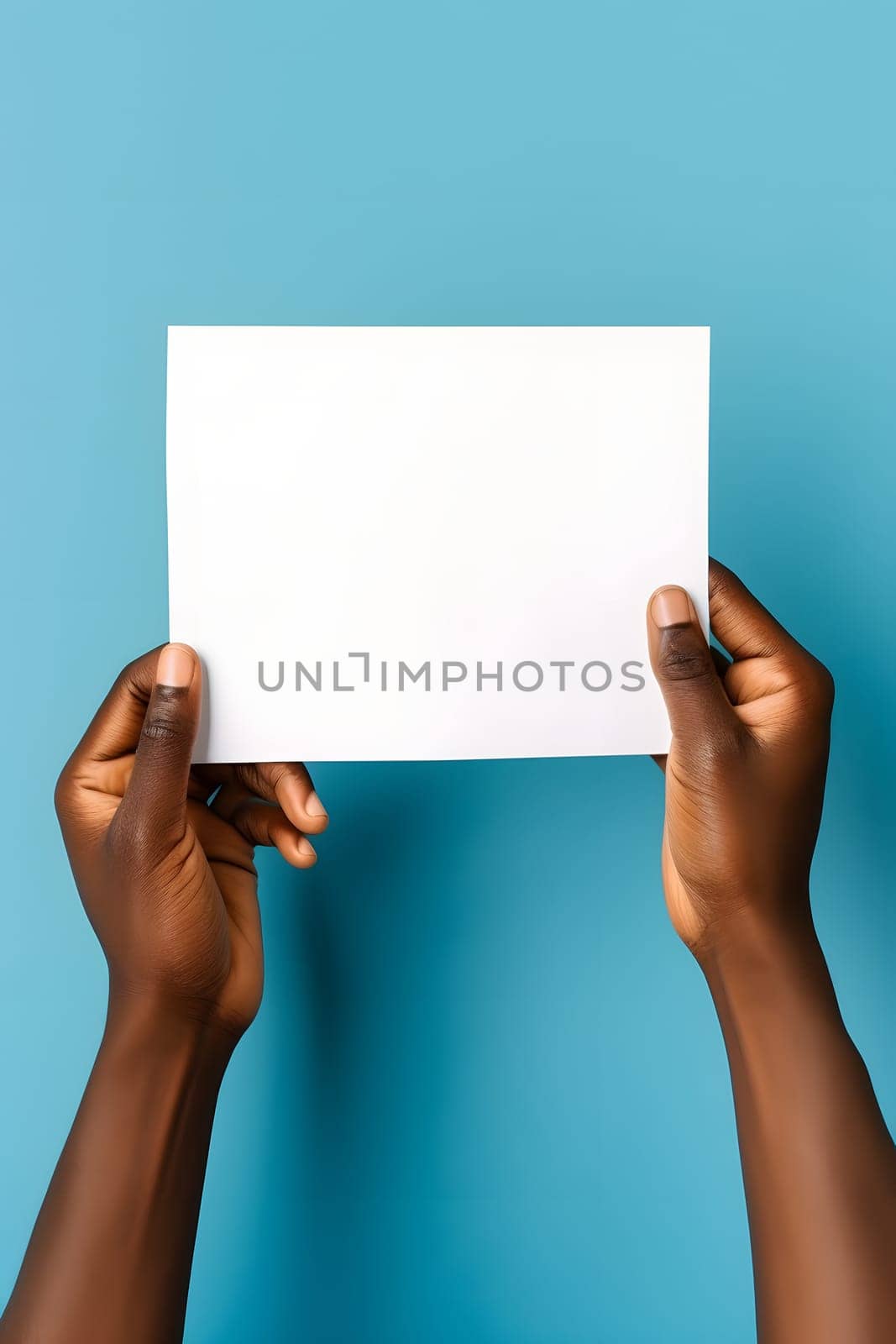 african american hands holding blank sheet of paper on blue background, neural network generated photorealistic image by z1b