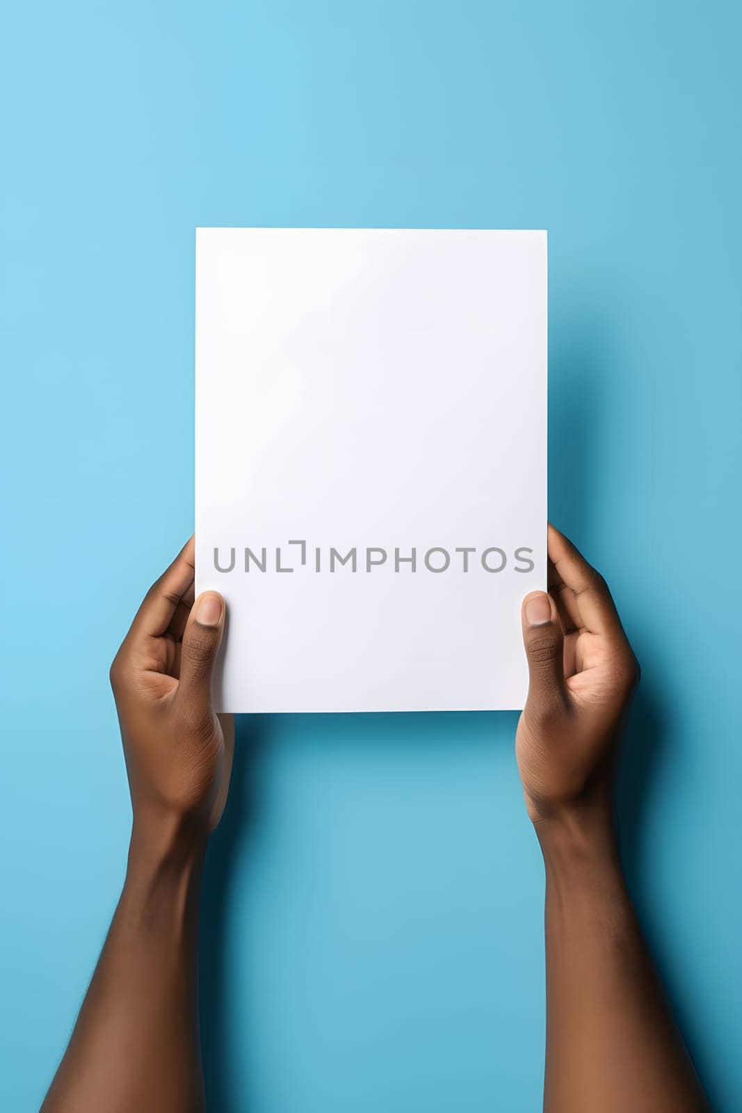african american hands holding blank sheet of paper on blue background, neural network generated photorealistic image by z1b