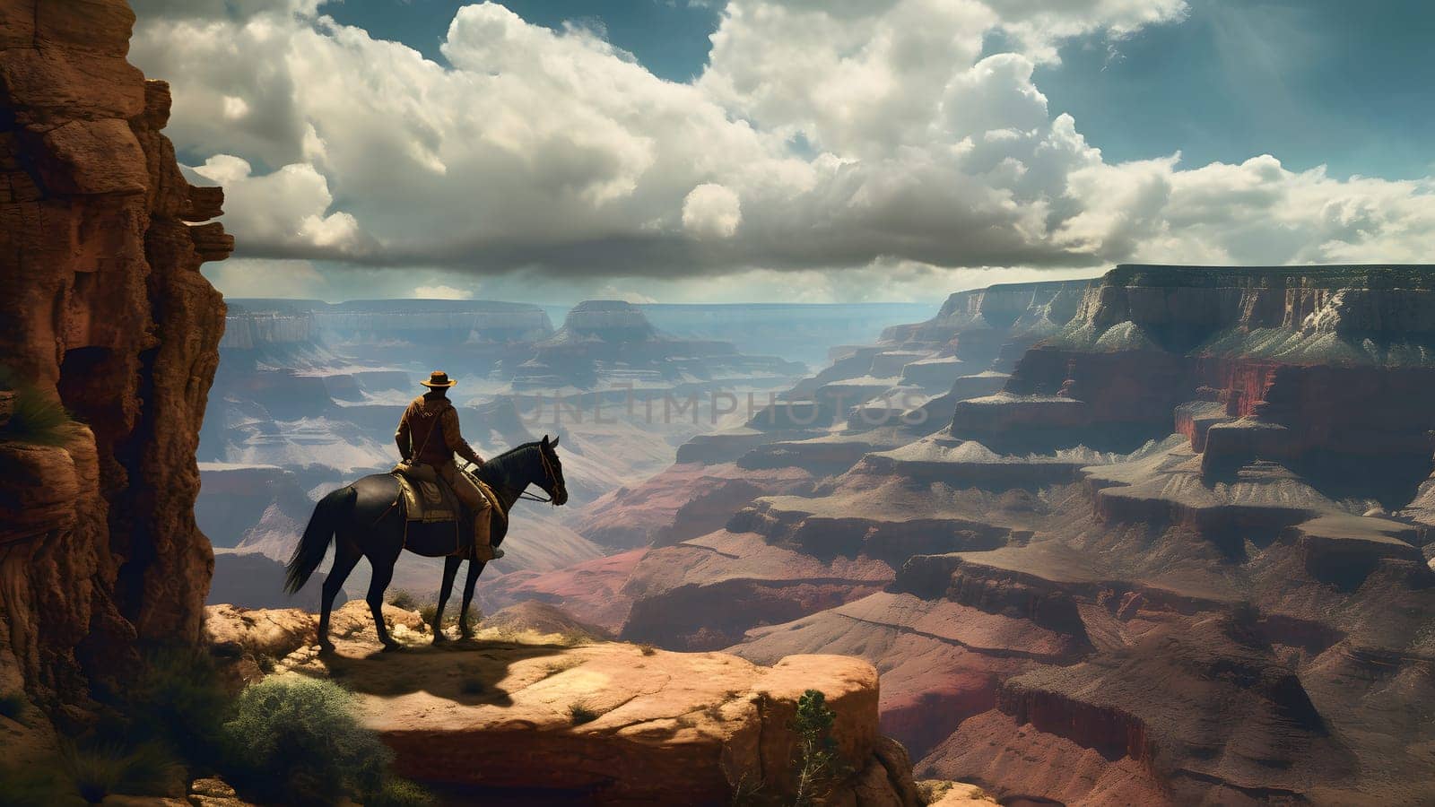 cowboy on the horse at edge of the grand canyon, neural network generated photorealistic image by z1b