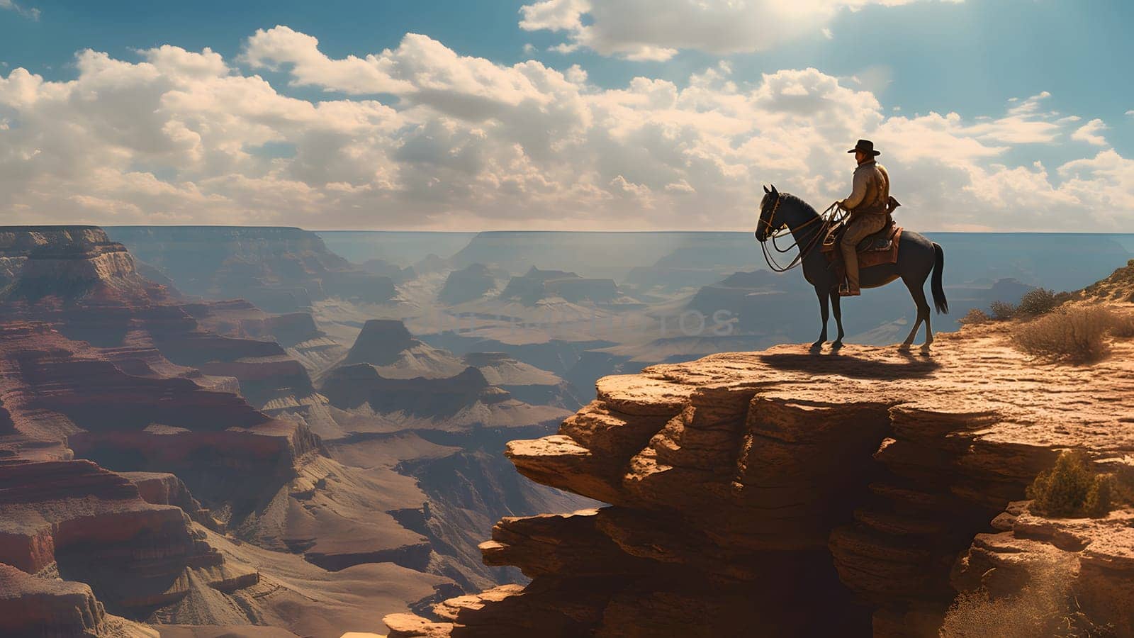 cowboy on the horse at edge of the grand canyon. Neural network generated in May 2023. Not based on any actual person, scene or pattern.