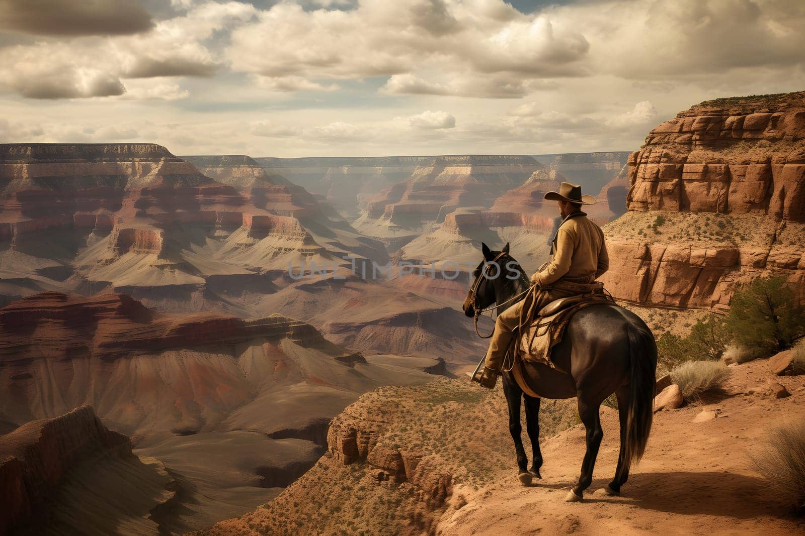 cowboy on the horse at edge of the grand canyon, neural network generated photorealistic image by z1b