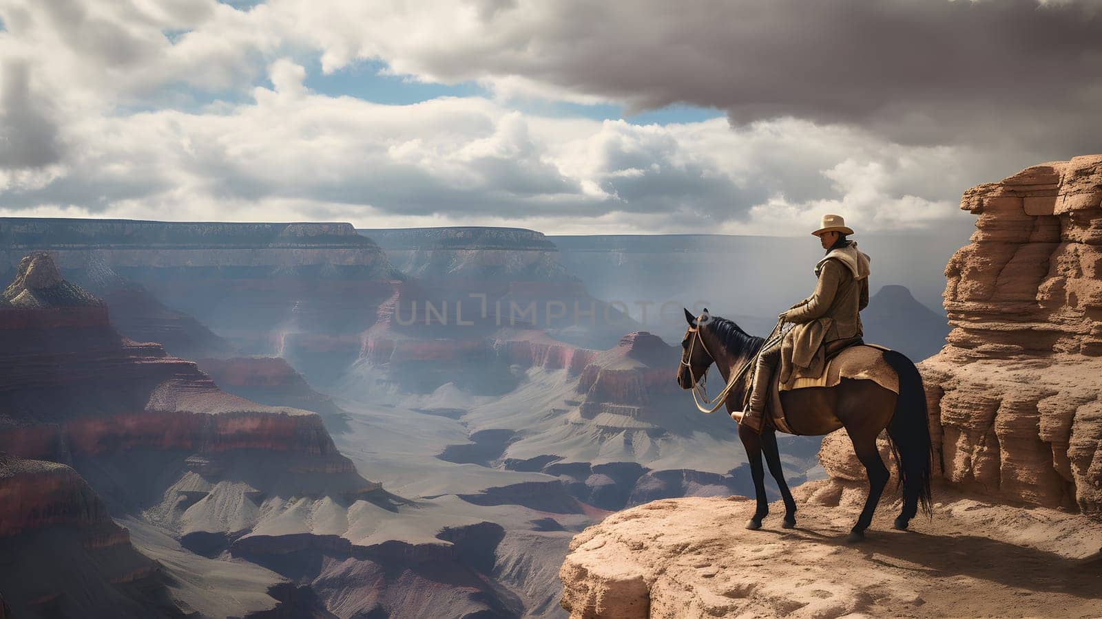 cowboy on the horse at edge of the grand canyon, neural network generated photorealistic image by z1b
