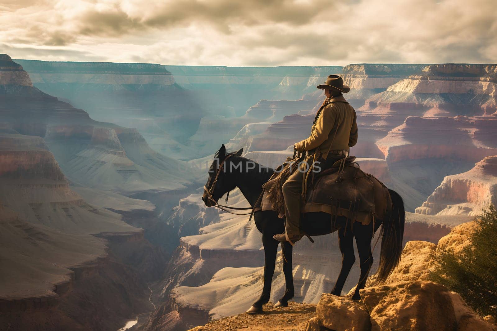 cowboy on the horse at edge of the grand canyon. Neural network generated in May 2023. Not based on any actual person, scene or pattern.