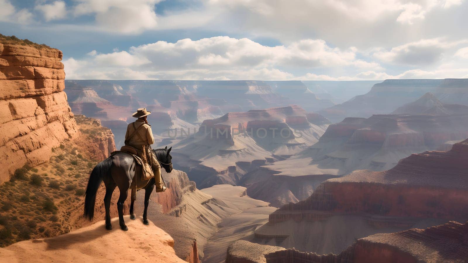 cowboy on the horse at edge of the grand canyon. Neural network generated in May 2023. Not based on any actual person, scene or pattern.