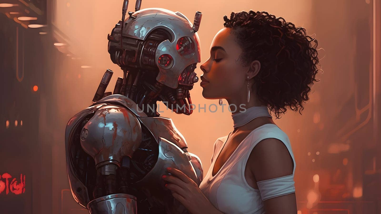 humanoid robot in love hugging with african american young adult woman. Neural network generated in May 2023. Not based on any actual person, scene or pattern.