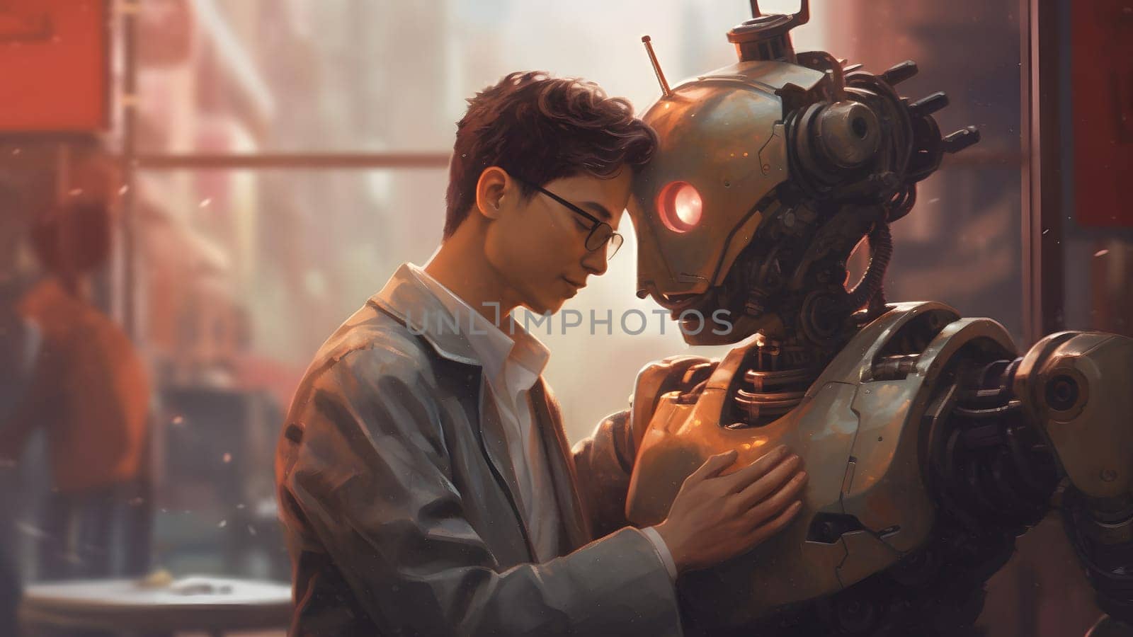 humanoid robot in love hugging with young adult caucasian man. Neural network generated in May 2023. Not based on any actual person, scene or pattern.